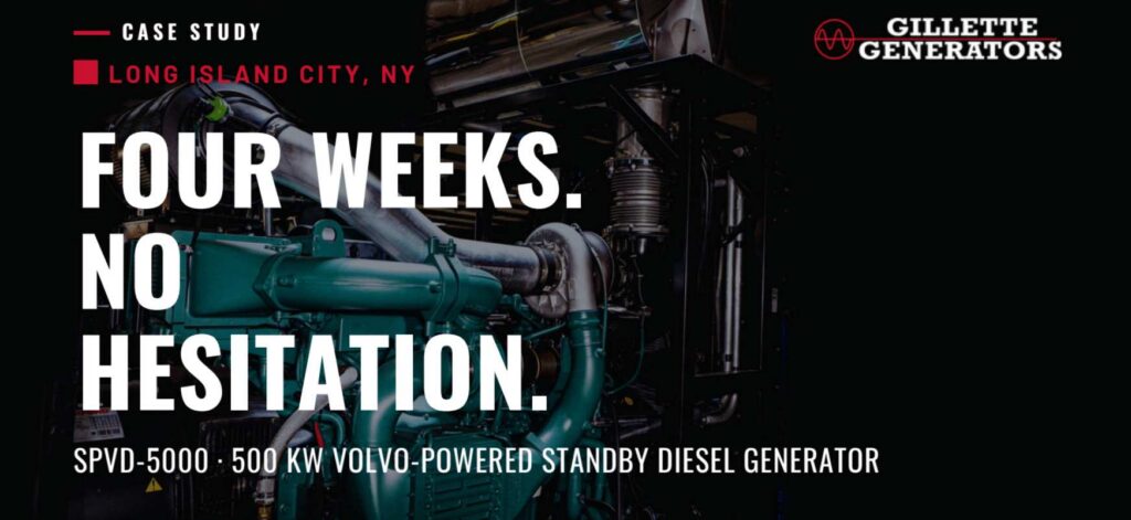 Gillette SPVD-2500 250 kW Volvo-powered standby generator on a high-rise hotel roof in Flushing, NY